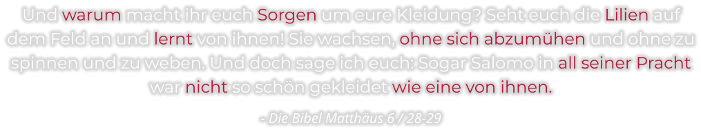 Und warum macht ihr euch Sorgen um eure Kleidung? Seht euch die Lilien auf dem Feld an und lernt von ihnen! Sie wachsen, ohne sich abzumühen und ohne zu spinnen und zu weben. Und doch sage ich euch: Sogar Salomo in all seiner Pracht war nicht so schön gekleidet wie eine von ihnen.  - Die Bibel Matthäus 6 / 28-29