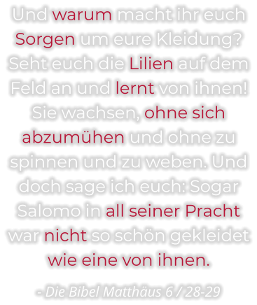 Und warum macht ihr euch Sorgen um eure Kleidung? Seht euch die Lilien auf dem Feld an und lernt von ihnen! Sie wachsen, ohne sich abzumühen und ohne zu spinnen und zu weben. Und doch sage ich euch: Sogar Salomo in all seiner Pracht war nicht so schön gekleidet wie eine von ihnen.  - Die Bibel Matthäus 6 / 28-29